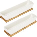 Teppe - pot succulentes rectangulaire en cramique blanche avec plateau en bambou (lot de 2) - l24 x ...