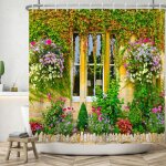 Tianyi - rideau de douche de jardin 180x200 cm, jardin de printemps extrieur fleurs colores mur orange ...