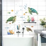 Tortue de mer, plantes aquatiques, bulles et poissons, autocollants muraux pour fond de chambre (30 * ...