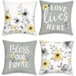 Trahoo - housses de coussin fleurs aquarelle floral gris jaune moderne ferme velout taies doreiller ...