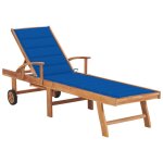 Transat chaise longue bain de soleil lit de jardin terrasse meuble d'ext�rieur 195 cm avec coussin bleu ...