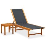 Transat chaise longue bain de soleil lit de jardin terrasse meuble d'extrieur avec table bois d'acacia ...