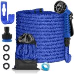 Tuyau d'arrosage extensible 7. 5m, 7 modes d'arrosage, l�ger et facile � ranger, bleu, polyester, latex, ...