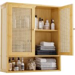 Ulteronixshop - armoire murale de salle de bain en bambou avec 2 portes en rotin et �tag�re r�glable, ...
