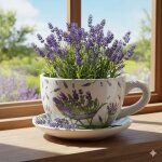 Vase ou cache pot en forme de tasse lavande 20x12x15cm