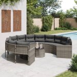 Vidaxl canapé de jardin avec table coussins rond gris résine tressée Vidaxl canapé de jardin avec table coussins rond gris résine tressée