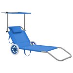 Vidaxl chaise longue pliable avec auvent et roues acier bleu Vidaxl chaise longue pliable avec auvent et roues acier bleu