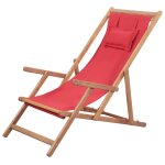 Vidaxl chaise pliable de plage tissu et cadre en bois rouge