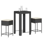 Vidaxl ensemble de bar de jardin 3 pcs avec coussins noir poly rotin