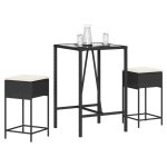 Vidaxl ensemble de bar de jardin 3 pcs avec coussins noir poly rotin