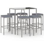 Vidaxl ensemble de bar de jardin 7 pcs avec coussins gris poly rotin