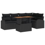 Vidaxl ensemble de salle a manger de jardin 6 pi�ces avec coussins en poly rotin noir et acacia