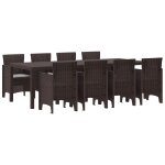 Vidaxl ensemble de salle a manger de jardin de 9 pi�ces avec coussins marron poly rotin