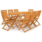 Lot de 9 salon jardin table ovale pliable marron bois massif acacia