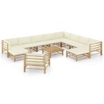 Vidaxl salon de jardin 12 pcs avec coussins blanc cr�me bambou