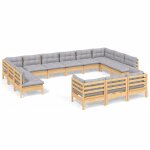Vidaxl salon de jardin 13 pcs avec coussins gris bois de pin