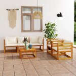 Salon de jardin 6 pi�ces en bois d'acacia massif cr�me avec table basse modulaire a lattes