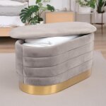 Banquette - coffre moderne matelassée avec base dorée philae velours gris clair Banquette - coffre moderne matelassée avec base dorée philae velours gris clair