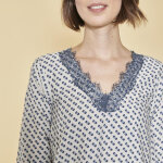 Blouse asymtrique imprime col v dentelle manches 3 / 4 femme - imprim cru blanc
