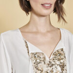 Blouse asymtrique sequins devant manches 3 / 4 femme - cru blanc en viscose