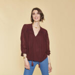 Blouse broderie manches chauve - souris femme - lie de vin rouge