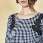 Blouse  carreaux manches 3 / 4 guipure et volants femme - carreaux bleu en coton