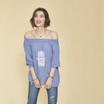 Blouse col bateau manches 3 / 4 broderie femme - bleu en viscose