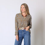 Blouse col chemise fluide imprime lison moutarde en viscose