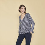 Blouse col v manches longues volant effet fronc femme - bleu marine en viscose