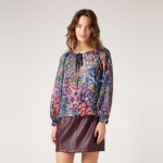 Blouse imprime col avec lien bleu