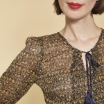 Blouse imprime manches longues col caftan jeux de plis femme - imprim bleu marine