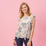 Blouse imprime sans manche et volants femme - noir beige en coton