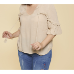 Blouse manches 3 / 4 bouffantes et pompons femme - beige clair en viscose