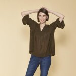 Blouse manches 3 / 4 effet fronc� et broderie femme - kaki fonc�