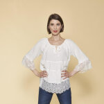 Blouse manches 3 / 4 pans froncs et volants femme - cru blanc en viscose