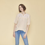 Blouse manches courtes broderie et fronces femme - jaune en coton