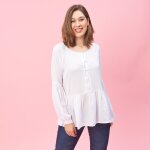 Blouse manches longues et bas effet fronc� femme - blanc