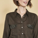 Blouse manches longues poches poitrine avec sequins femme - kaki en viscose
