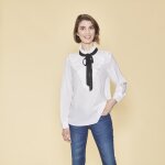 Blouse manches longues volants plisss et ruban contrast femme - blanc