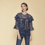 Blouse semi - transparente manches 3 / 4 volants ouverture dos femme - imprim bleu marine