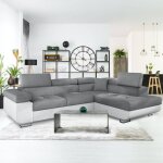 Canap� d'angle convertible antoni avec t�ti�res relevables angle � droite simili blanc et tissus gris ...