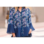 Chemise imprimée col mao manches 3 / 4 et bas plissés femme - imprimé bleu indigo Chemise imprimée col mao manches 3 / 4 et bas plissés femme - imprimé bleu indigo