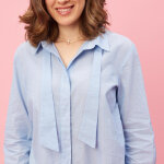 Chemise manches longues rubans effet cravate femme - bleu en coton Chemise manches longues rubans effet cravate femme - bleu en coton
