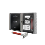Coffret rasoir de sûreté en acier inoxydable à double tranchant rainuré anodisé rouge + pack de 5 lames ... Coffret rasoir de sûreté en acier inoxydable à double tranchant rainuré anodisé rouge + pack de 5 lames ...