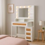 Coiffeuse 4 tiroirs et miroir led 3 couleurs miraclas bois blanc et rotin Coiffeuse 4 tiroirs et miroir led 3 couleurs miraclas bois blanc et rotin