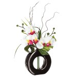 Composition d'orchides avec vase cramique noir et fushia h44