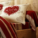 Drap plat flanelle  motif c?urs valmorel rouge gris