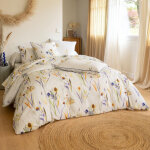 Drap plat imprim� motifs feuilles en coton alba jaune