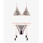 Ensemble 3 pices - soutien - gorge triangle - slip mini - coeur - porte - jarretelles - rose