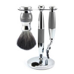 Ensemble rasage 3 pices - blaireau + rasoir gillette mach3 + support - chrom et gris